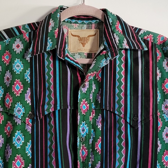 Vintage 80-90’s STEER WEST USA Button Up Shirt Western Southwestern Aztec Print - Picture 3 of 8